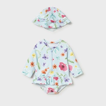 Βρεφικό σετ μαγιό ολόσωμο με καπέλο για κορίτσια Mayoral μέντα- φλοράλ