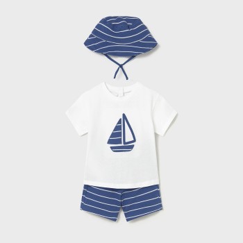 Βρεφικό σετ μακό για αγόρια Mayoral 3τμχ  λευκό- μπλε με καπέλο