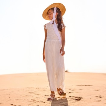 Παιδική ολόσωμη φόρμα για κορίτσια Mayoral μακριά πλισέ κρεμ