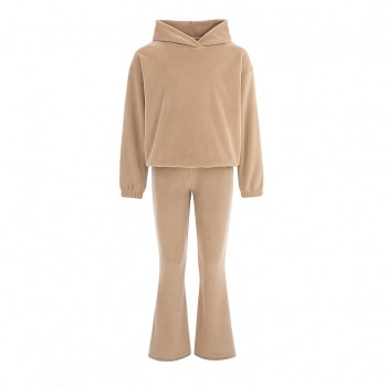 Παιδικό σετ φόρμας για κορίτσια Joyce βελουτέ με κουκούλα μπεζ