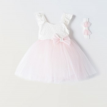Βρεφικό φόρεμα για κορίτσια Ebita ροζ- λευκό κιπούρ 2τμχ