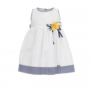 Βρεφικό φόρεμα για κορίτσια Ebita λευκό με μπλε ρίγες και κορδέλα 2τμχ