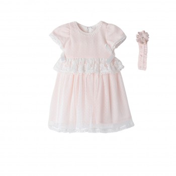 Βρεφικό φόρεμα για κορίτσια Ebita ροζ-λευκό με κορδέλα 2τμχ