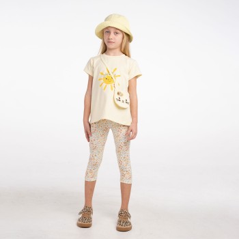 Παιδικό σετ με κολάν 3/4 για κορίτσια Ebita 3τμχ κίτρινο-λευκό φλοράλ με τσαντάκι