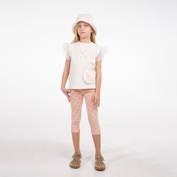 Παιδικό σετ με κολάν 3/4 για κορίτσια Ebita 3τμχ λευκό- σομόν με τσαντάκι