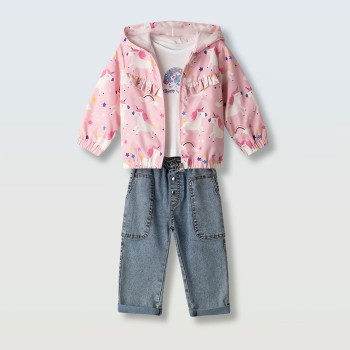 Παιδικό σετ με αντιανεμικό μπουφάν για κορίτσια Ebita 3τμχ ροζ-τζιν