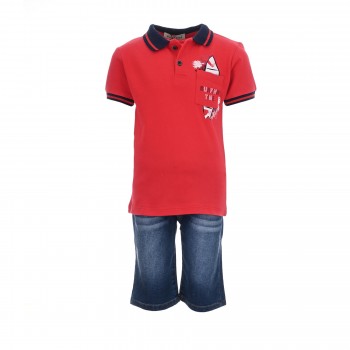 Παιδικό σετ με πόλο για αγόρια Hashtag 3τμχ κόκκινο- τζιν
