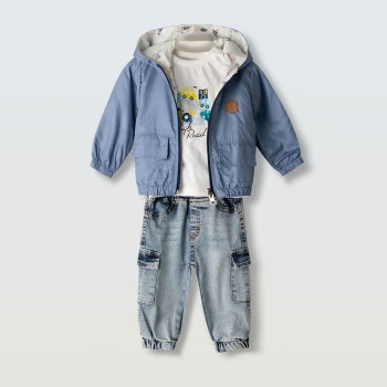 Βρεφικό σετ με μπουφάν διπλής όψης για αγόρια Hashtag 3τμχ σιέλ-  τζιν