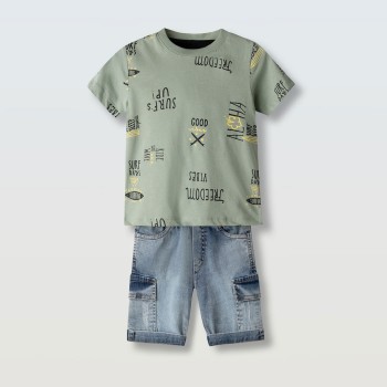Παιδικό σετ για αγόρια Hashtag με τζιν βερμούδα χακί