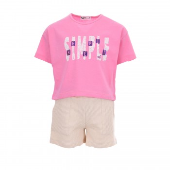 Παιδικό σετ με σορτς για κορίτσια Nekidswear ''simple'' ροζ-κρεμ