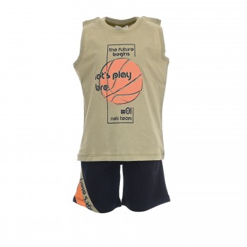 Παιδικό σετ αμάνικο για αγόρια Nekidswear με μπάσκετ λαδί-μαρέν
