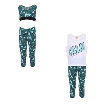 Παιδικό σετ για κορίτσια New College φλοράλ πετρόλ-λευκό με κολάν 3τμχ