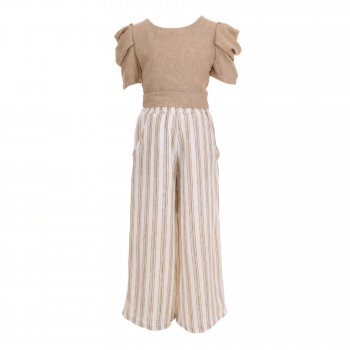 Παιδικό σετ με παντελόνα για κορίτσια Can Kids λευκό μπεζ-ριγέ