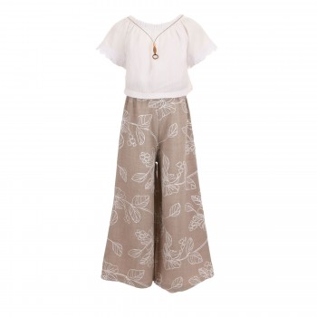 Παιδικό σετ με παντελόνα για κορίτσια Can Kids λευκό- μπεζ με κολιέ