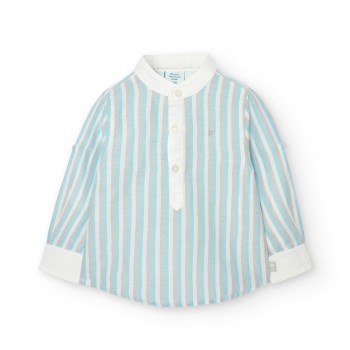 Βρεφικό πουκάμισο λινό για αγόρια Boboli με γιακά μάο ριγέ λευκό- γκρι- γαλάζιο