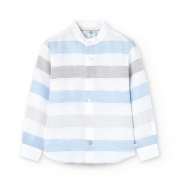 Παιδικό πουκάμισο λινό για αγόρια Boboli με γιακά μάο ριγέ εκρού- σιέλ- γκρι