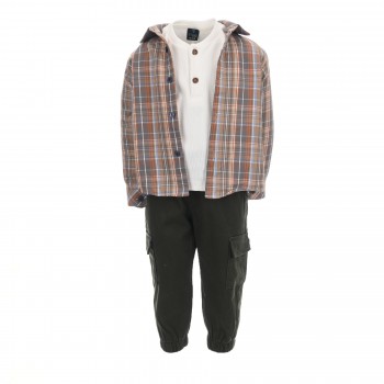 Βρεφικό σετ με παντελόνι cargo, πουκάμισο & μπλούζα για αγόρια 3τμχ Restart καρό - λαδί