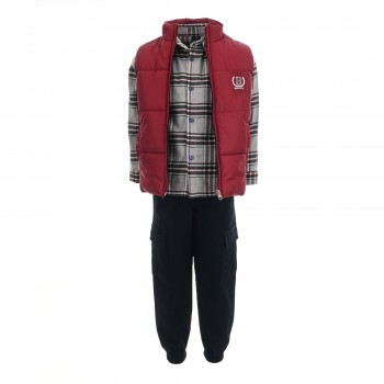 Παιδικό σετ με παντελόνι cargo, πουκάμισο, μπλούζα & αμάνικο για αγόρια Restart μπορντό - μαρέν