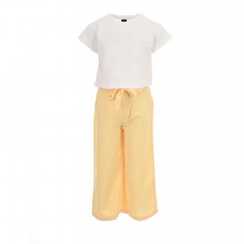 Παιδικό σετ με παντελόνα για κορίτσια Restart λευκό-κίτρινο καρό