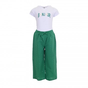 Παιδικό σετ με παντελόνα για κορίτσια Restart λευκό-πράσινο κηπούρ